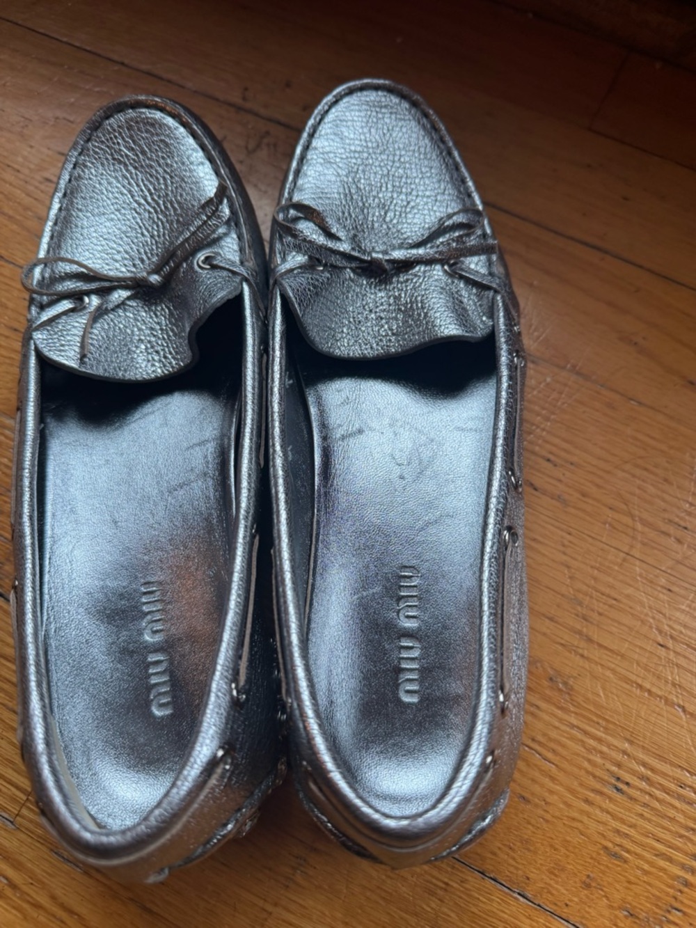 Miu Miu Metallic Pewter Leather Driving Moccasins